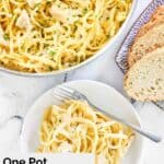 Overhead view of chicken alfredo pasta in a pot and on a plate.
