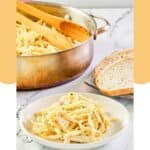 Chicken alfredo pasta in a pot and on a plate.