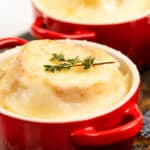 Onion soup gratinee in bowls.
