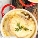 Overhead view of onion soup gratinee in a soup crock.