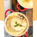Onion soup gratinee in soup crocks.