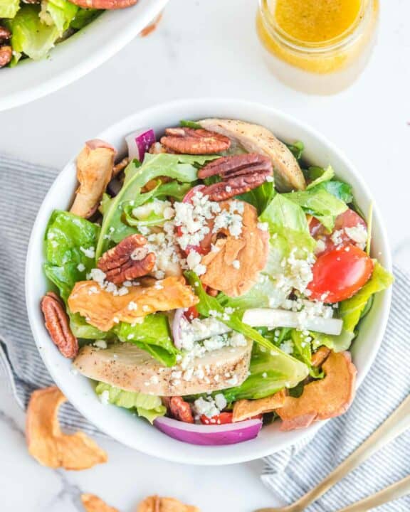 Overhead view of copycat Panera fuji apple salad in a bowl.