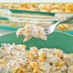 Poppy seed chicken casserole on a fork over a serving in a bowl.