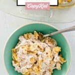 Overhead view of poppy seed chicken casserole serving in a bowl.