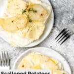 Overhead view of two servings of scalloped potatoes without cheese.