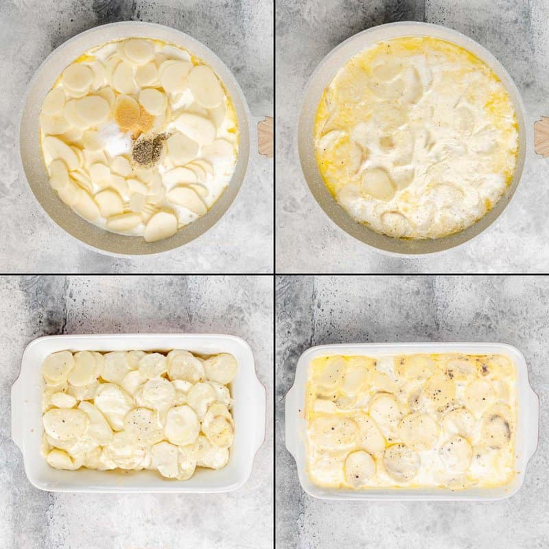 Collage of making and baking scalloped potatoes without cheese.