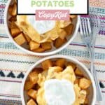 Overhead view of copycat Taco Bell cheesy fiesta potatoes in two bowls.