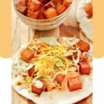 Homemade Taco Bell spicy potato taco and a bowl of spicy potatoes.