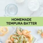 Tempura batter ingredients and tempura fried shrimp and vegetables on a plate.