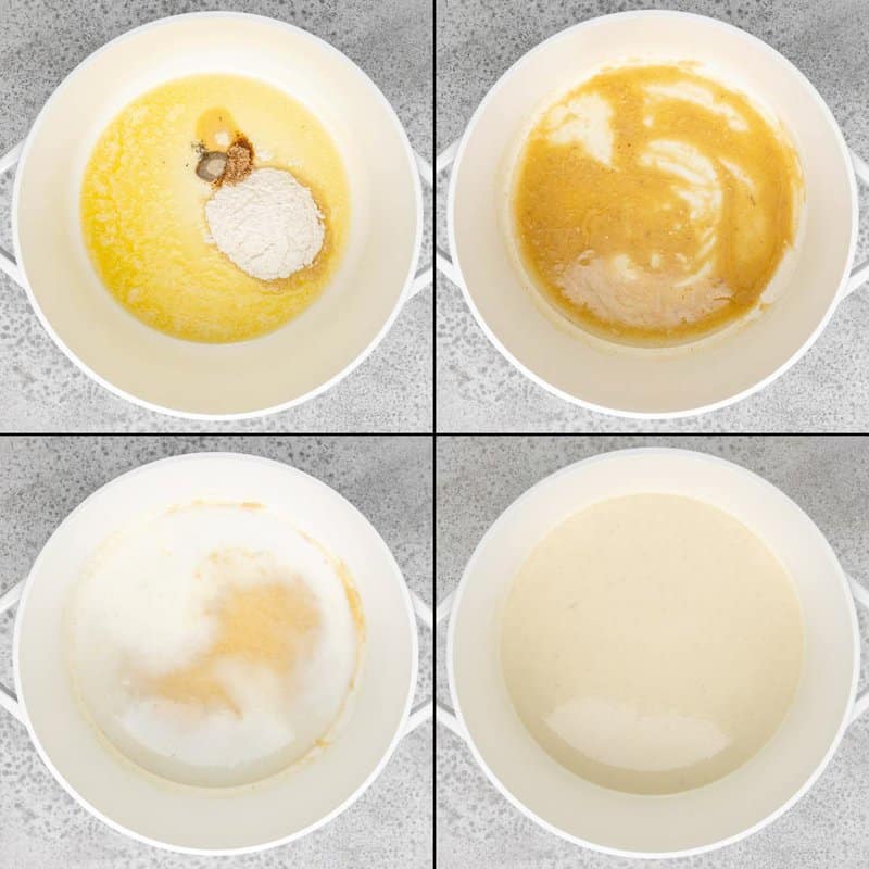 Collage of making creamy soup base for three cheese broccoli soup.