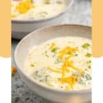 Two bowls of three cheese broccoli soup.