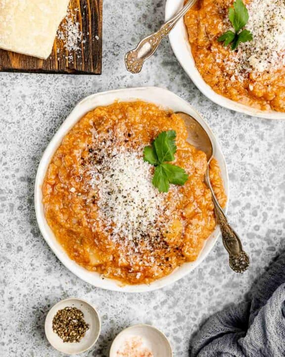 Overhead view of copycat Tosi's minestrone soup in bowls.