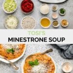 Copycat Tosi's minestrone ingredients and the finished soup in bowl.