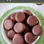 Overhead view of homemade York peppermint patties candy in a bowl.