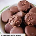 Homemade York peppermint patties in a white bowl.
