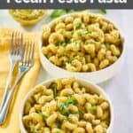 Homemade Alonti pecan pesto pasta in bowls and two forks on a napkin.