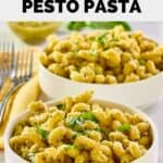 Two bowls of Alont pecan pesto pasta and two forks.