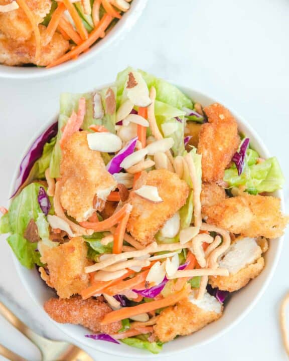 Overhead view of copycat Applebee's Oriental fried chicken salad.