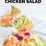 Homemade Applebee's Oriental fried chicken salad on a fork.