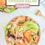 Overhead view of a bowl of homemade Applebee's Oriental fried chicken salad and a fork.