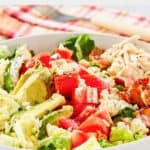 Homemade Hollywood Brown Derby cobb salad in a white bowl.