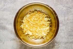 Grated hard-boiled eggs in a bowl.