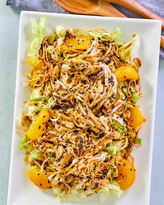 Overhead view of Chinese chicken salad.