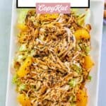 Overhead view of Chinese chicken salad with mandarin oranges.