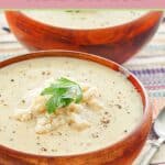 Closeup of a bowl of creamy crab bisque.