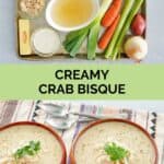Crab bisque ingredients and bowls of the finished bisque.