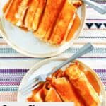 Overhead view of cream cheese chicken enchiladas and forks on plates.