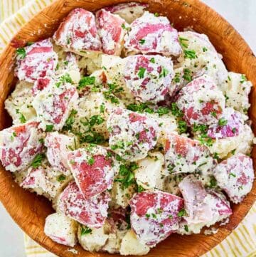 Overhead view of dill potato salad.