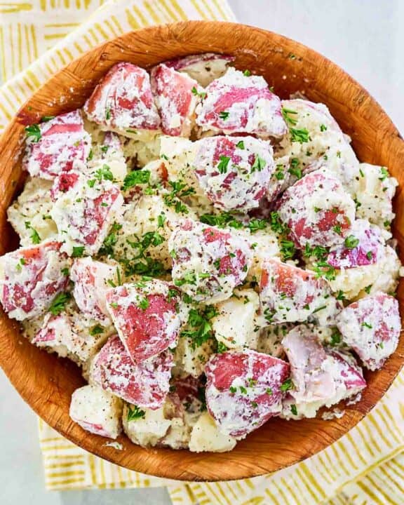 Overhead view of dill potato salad.