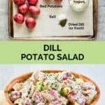 Dill potato salad ingredients and the finished salad in a bowl.