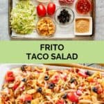 Frito taco salad ingredients and the finished salad on a platter.