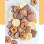 Overhead view of homemade Girl Scout cookies on a white platter.
