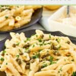 Greek pasta with lemon alfredo sauce on a black plate.
