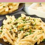 Closeup of Greek pasta with lemon sauce on a black plate.
