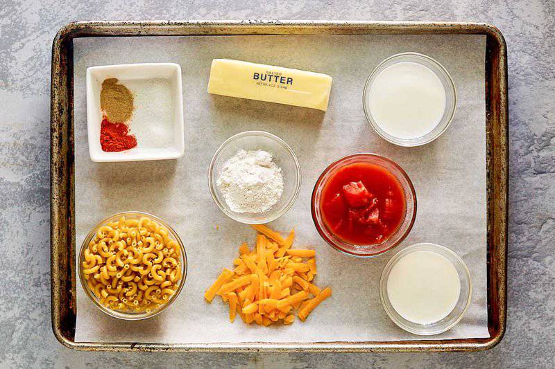Copycat Horn and Hardart mac and cheese ingredients on a tray.