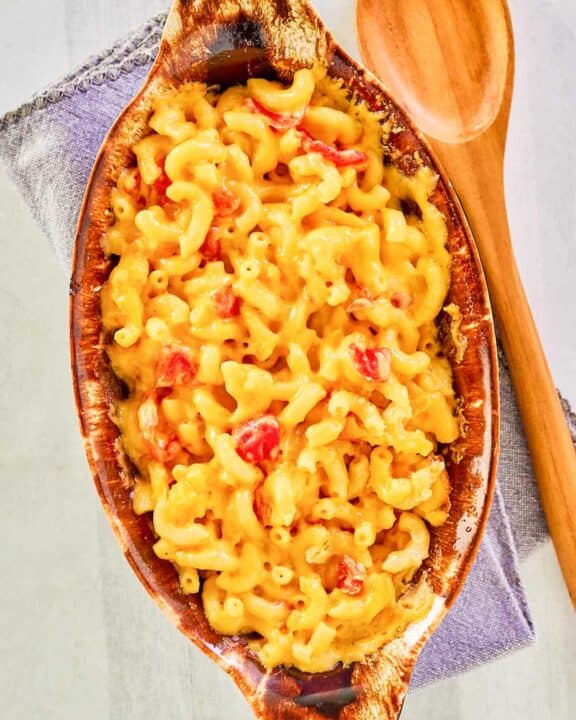 Overhead view of copycat Horn and Hardart mac and cheese in a baking dish.