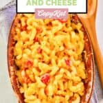 Overhead view of homemade Horn and Hardart mac and cheese in a dish.