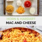 Copycat Horn and Hardart mac and cheese ingredients and the finished dish.