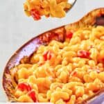 Homemade Horn and Hardart macaroni and cheese in a baking dish and on a fork.