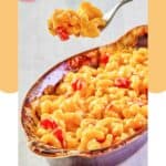 Homemade Horn and Hardart mac and cheese in a baking dish and on a fork.