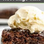 Hot fudge cake with vanilla ice cream on top.