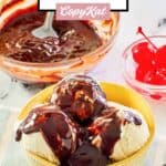 Homemade hot fudge sauce over ice cream and in a bowl.