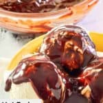 Closeup of homemade hot fudge sauce over vanilla ice cream.
