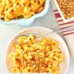Overhead view of homemade macaroni and cheese with bread crumb topping.