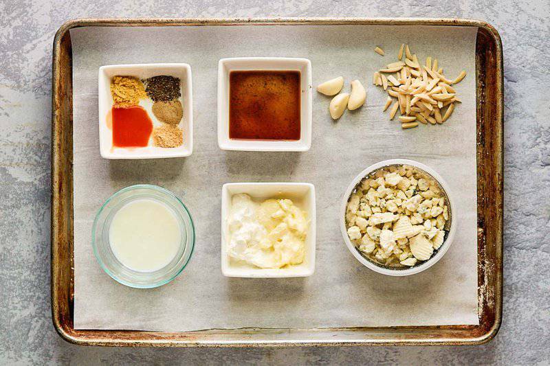 Maytag buttermilk blue cheese dressing ingredients on a tray.
