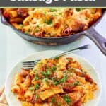 One pot Italian sausage pasta and a fork on a white plate.